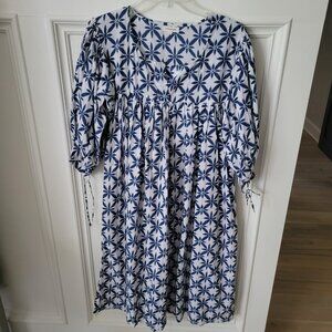 Promogranate Women’s Blue & White Geometric Floral Midi Dress Size Medium
